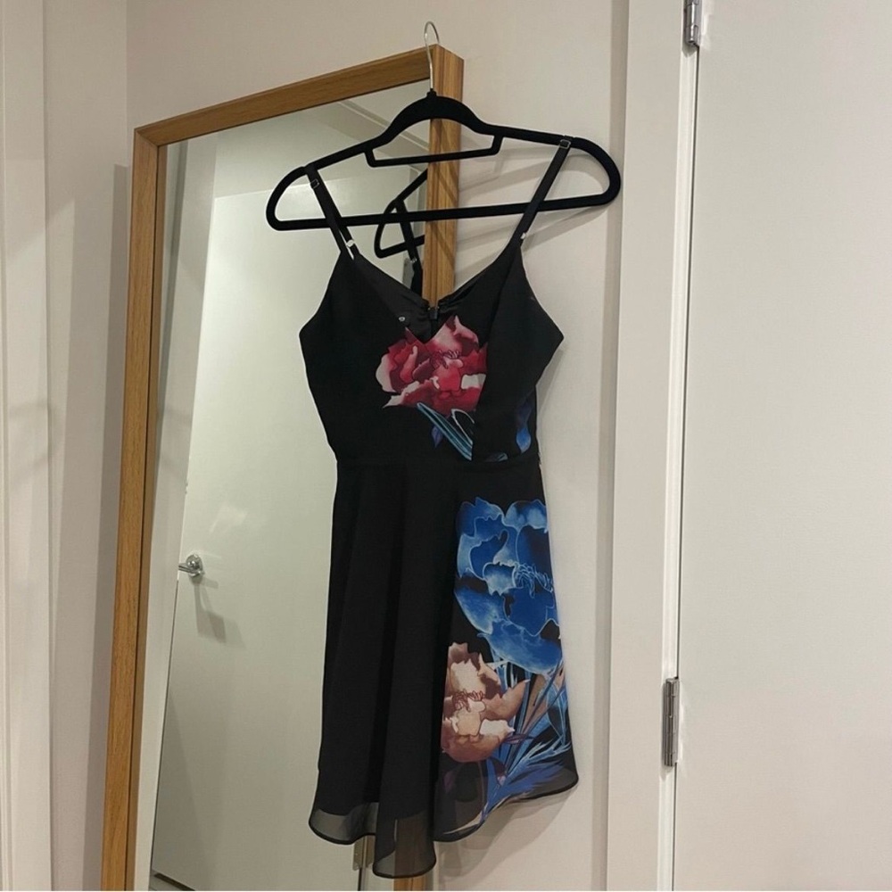 bebe Black Mini Dress with Pink and Blue Floral Design